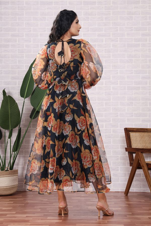 Organza Floral Printed Black Dress With Dupatta