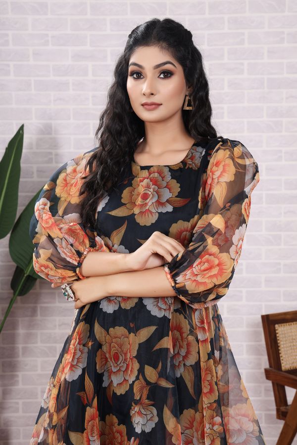 Organza Floral Printed Black Dress With Dupatta