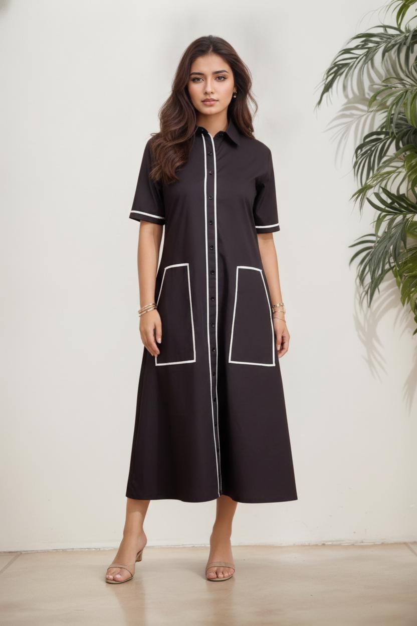 Contrast Piped Shirt Dress
