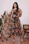 Organza Floral Printed Black Dress With Dupatta