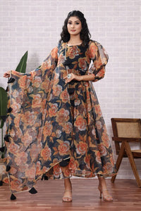 Organza Floral Printed Black Dress With Dupatta