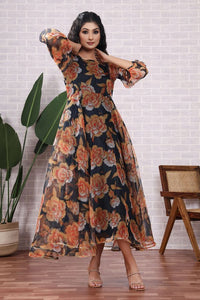 Organza Floral Printed Black Dress With Dupatta