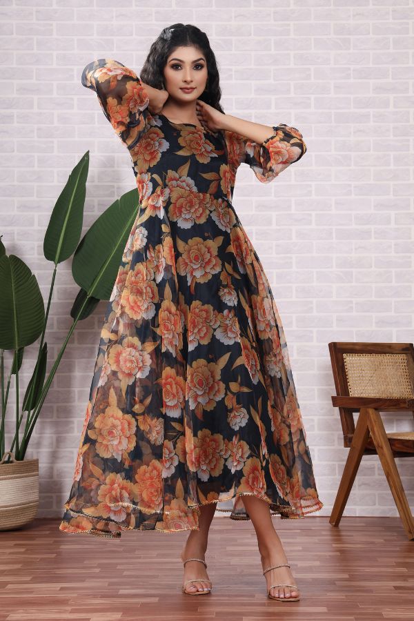 Organza Floral Printed Black Dress With Dupatta