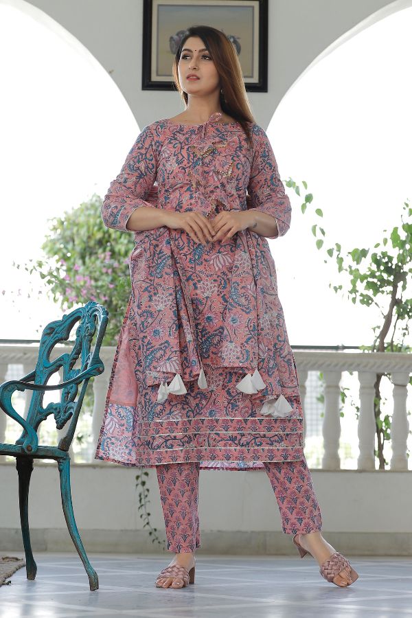 Rose Pink Hand Block Printed Kurta Set