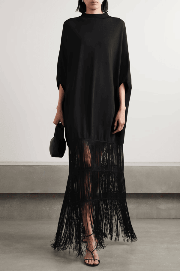 Black Kaftan Dress With Long Fringe