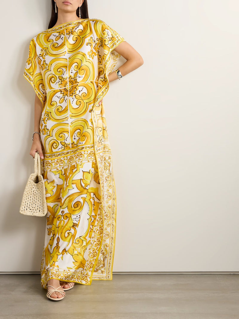 Yellow Printed Satin Silk Kaftan Maxi Dress