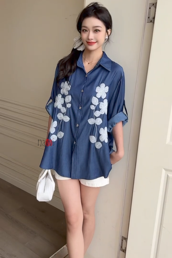 Midnight Petals Embroidered Shirt