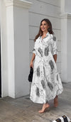 Leaf Printed Shirt Style Maxi Dress