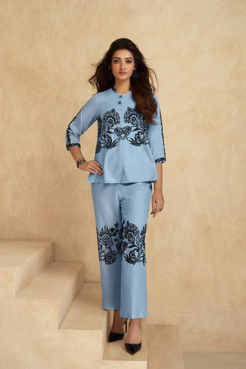 Ice-Blue Embroidery Co-ord Set