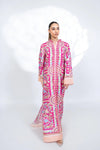 V Neck Pink Floral Printed Kaftan Dress