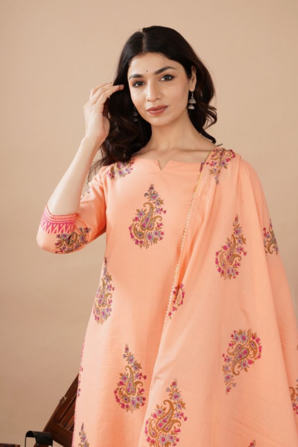 Printed Peach Hand Block Kurta Set