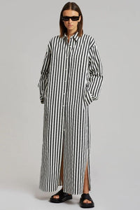 Vertical Stripes Full Sleeves Dress- Black