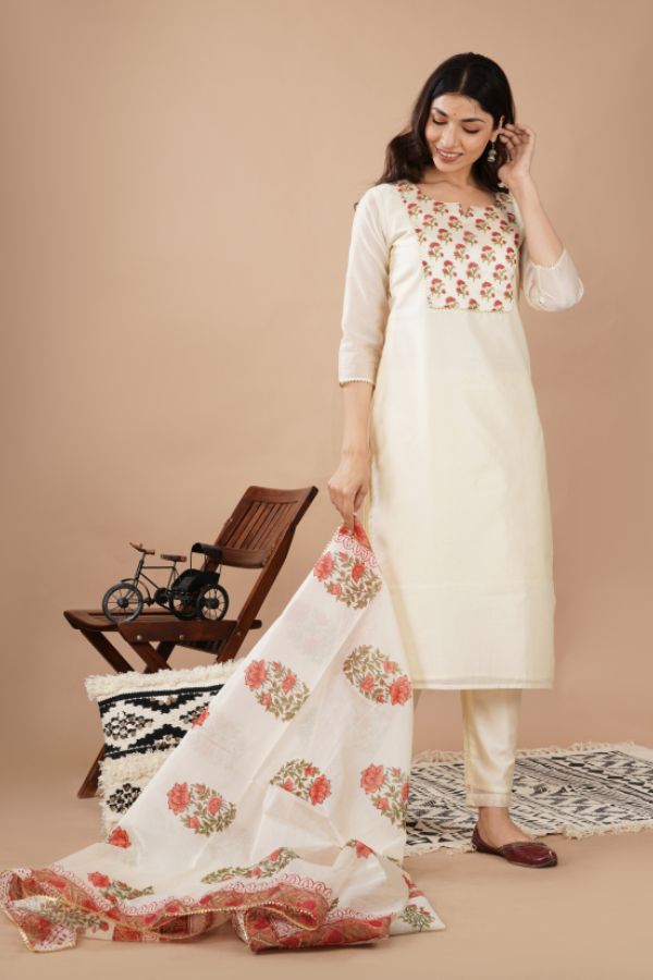 Cream Chanderi Printed Kurta Set