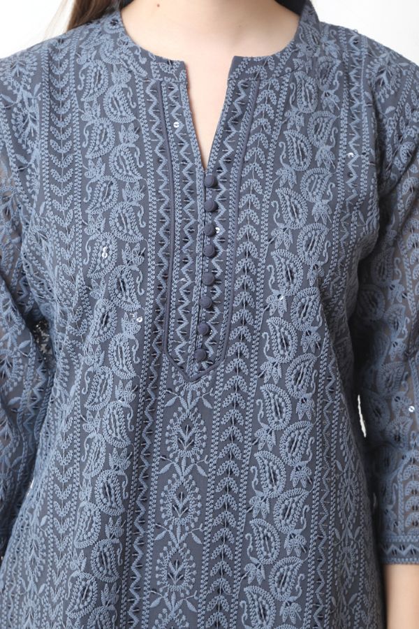 Chikankari Embroidery Grey Short Kurti