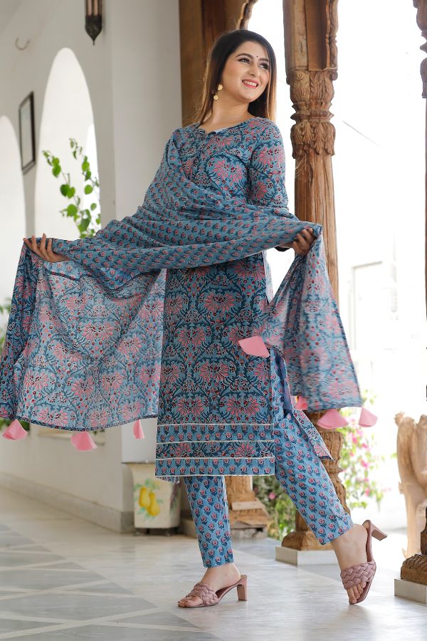 Dodge Blue Hand Block Printed Kurta Set