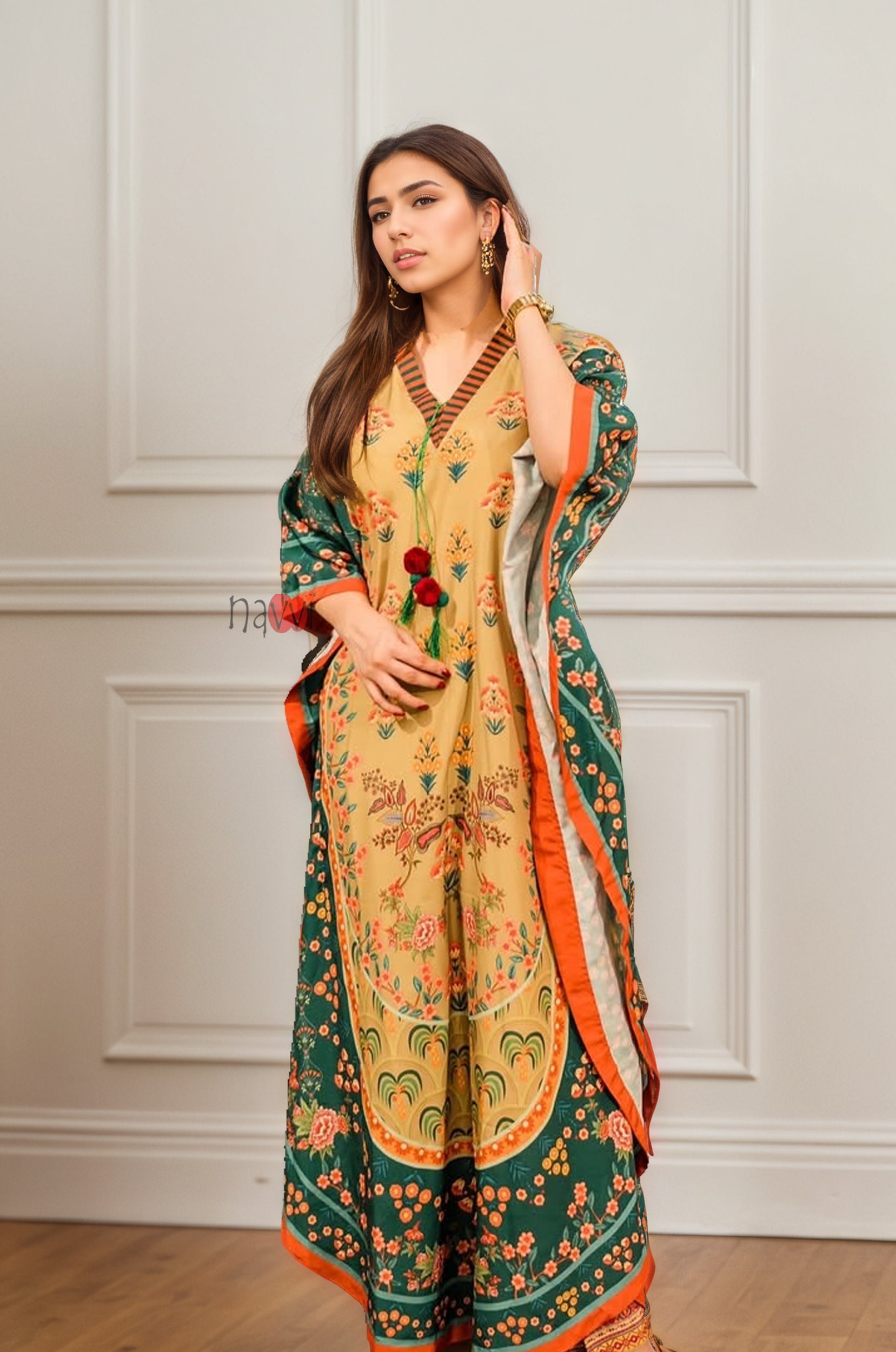 Emerald Beige Kaftan with Tassel