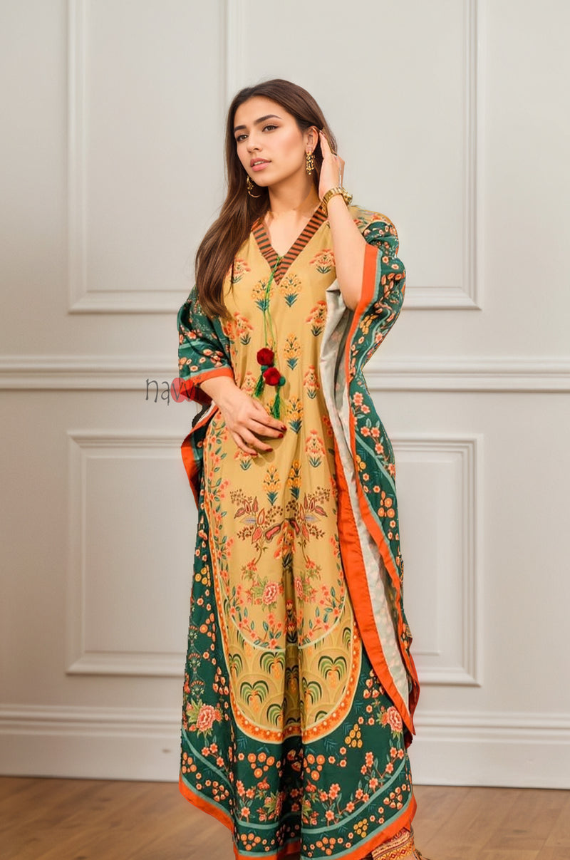 Emerald Beige Kaftan with Tassel