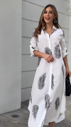 Leaf Printed Crepe Shirt Style Maxi Dress