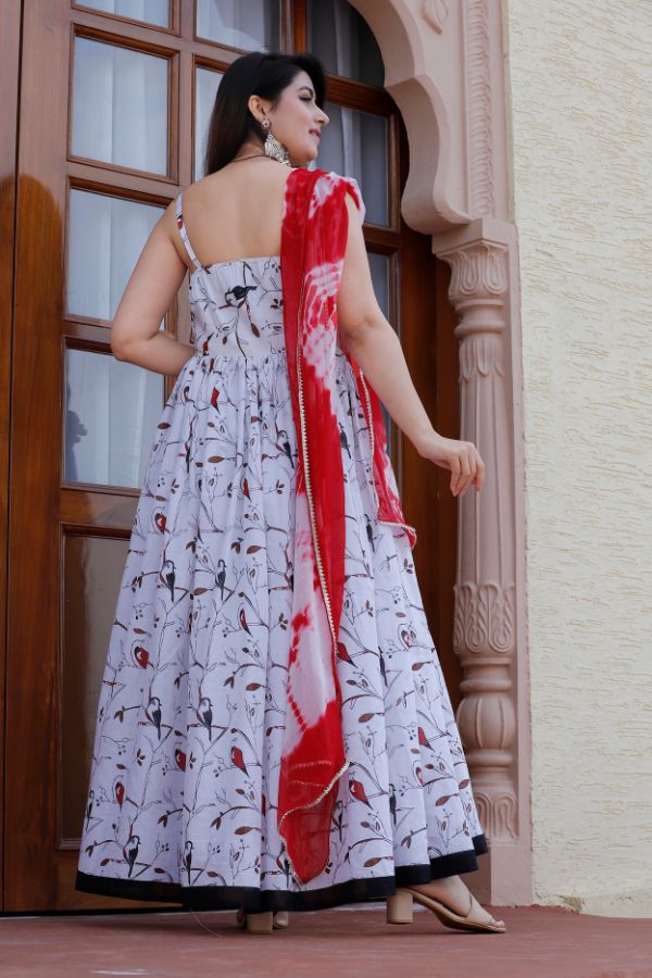 White Floral Printed Gown Set