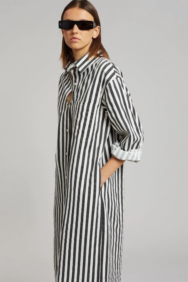 Vertical Stripes Full Sleeves Dress- Black