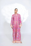 V Neck Pink Floral Printed Kaftan Dress