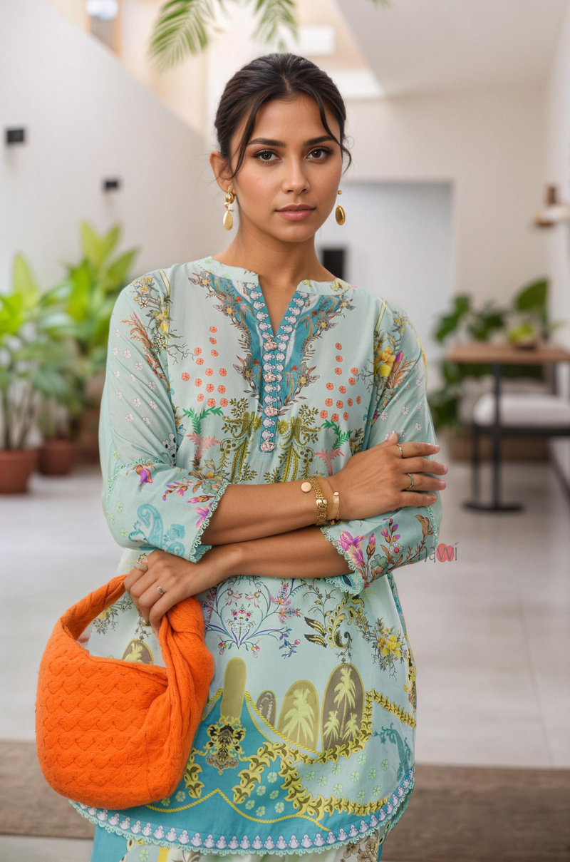 Seafoam Serenity - Floral Lawn Suit