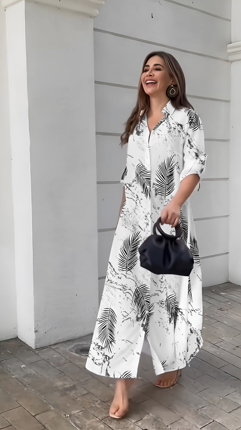 Leaf Printed Shirt Style Maxi Dress