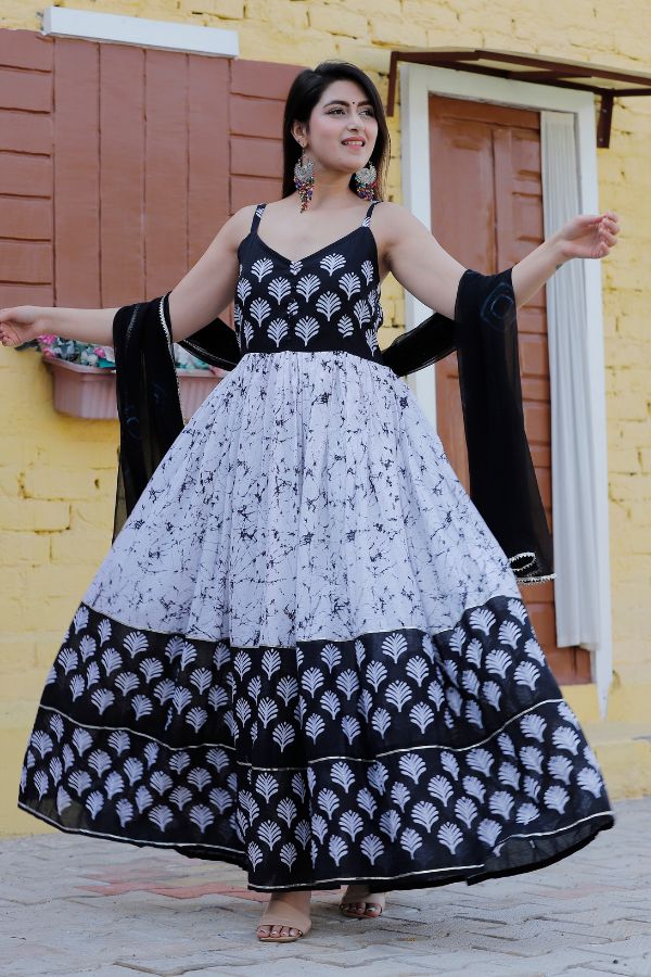 White & Black Printed Floral Gown