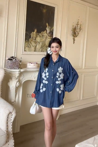 Midnight Petals Embroidered Shirt