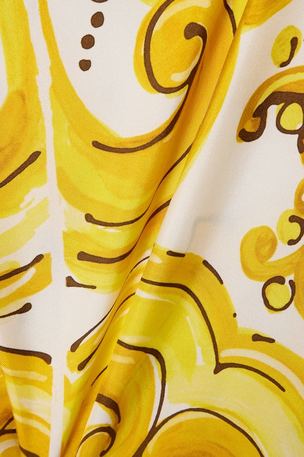 Yellow Printed Satin Silk Kaftan Maxi Dress