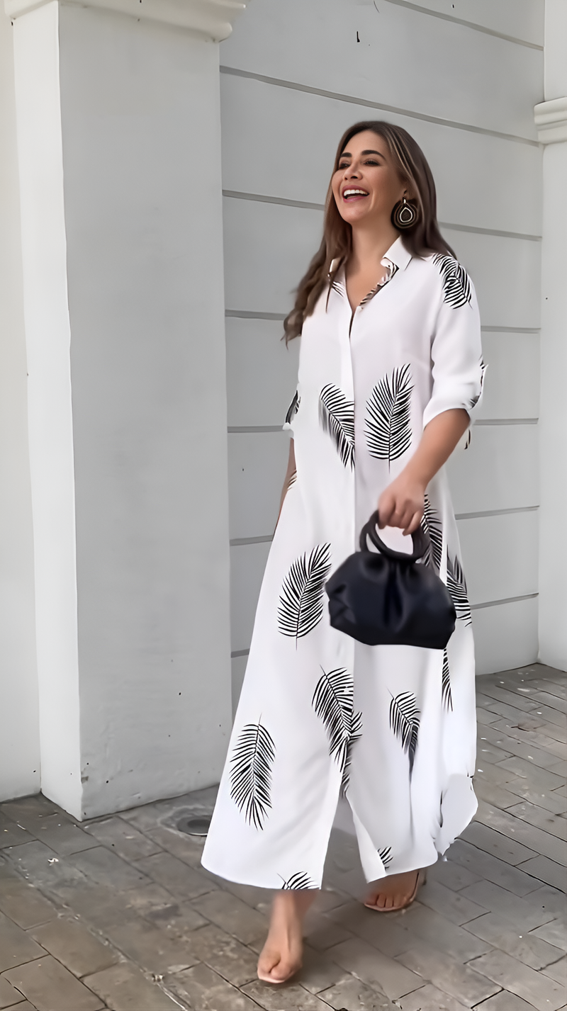 Leaf Printed Crepe Shirt Style Maxi Dress