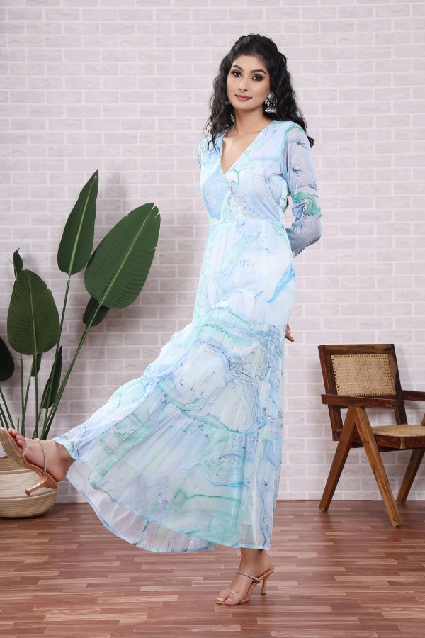 Sky Chiffon V- Neck Marble Dye Dress