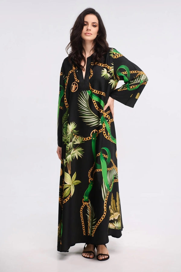 Black Tropical Print Maxi Dress