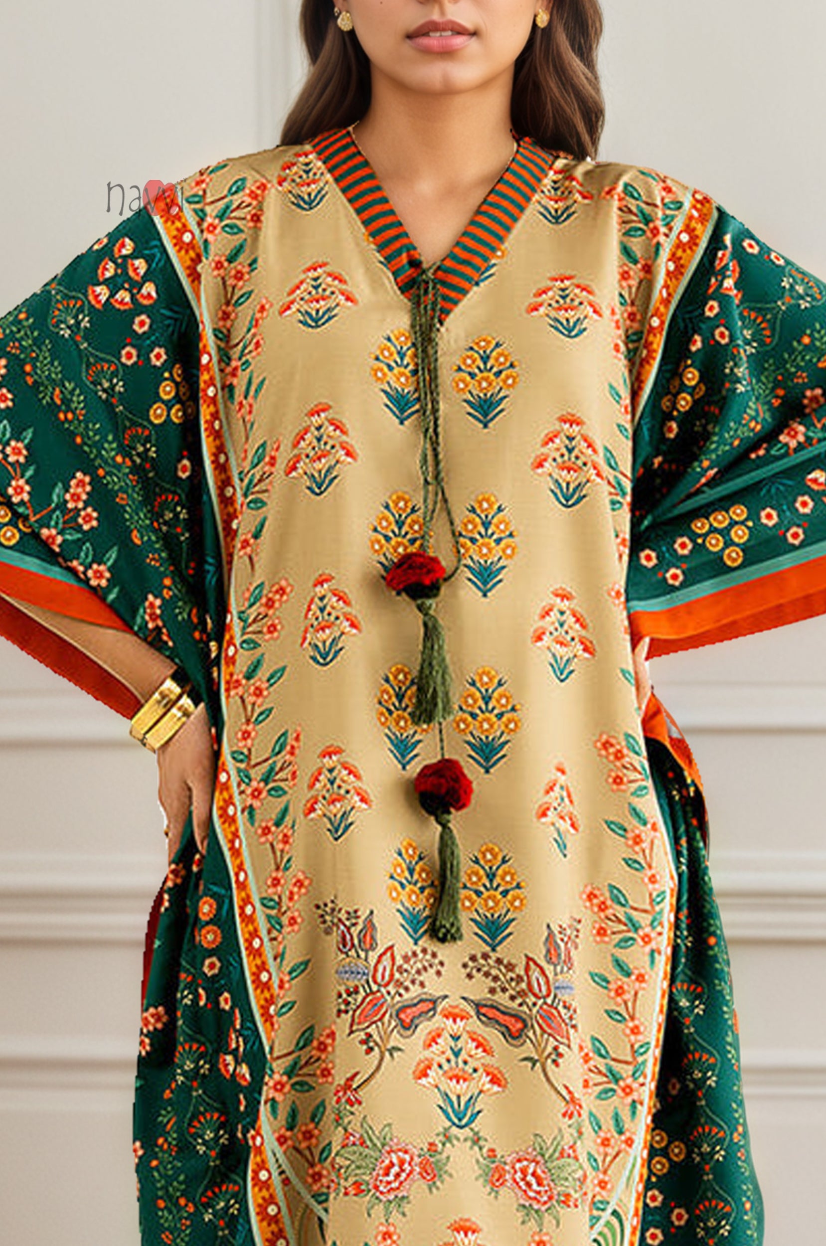 Emerald Beige Kaftan with Tassel