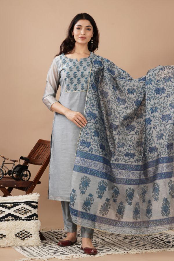 Grey Chanderi Kurta Set