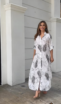 Leaf Printed Shirt Style Maxi Dress