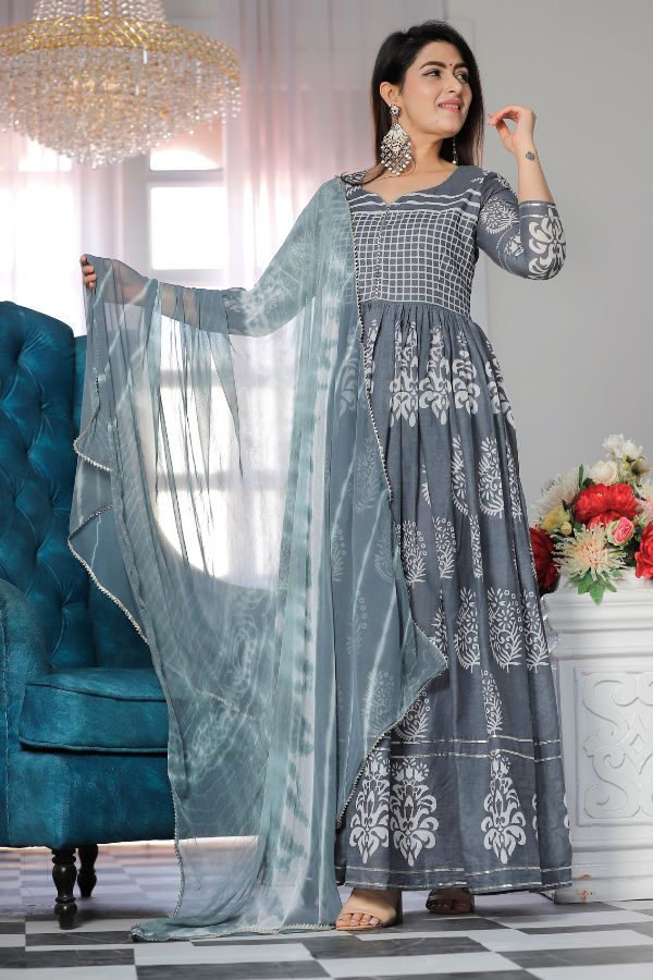 Silver Color Floral Printed Gown