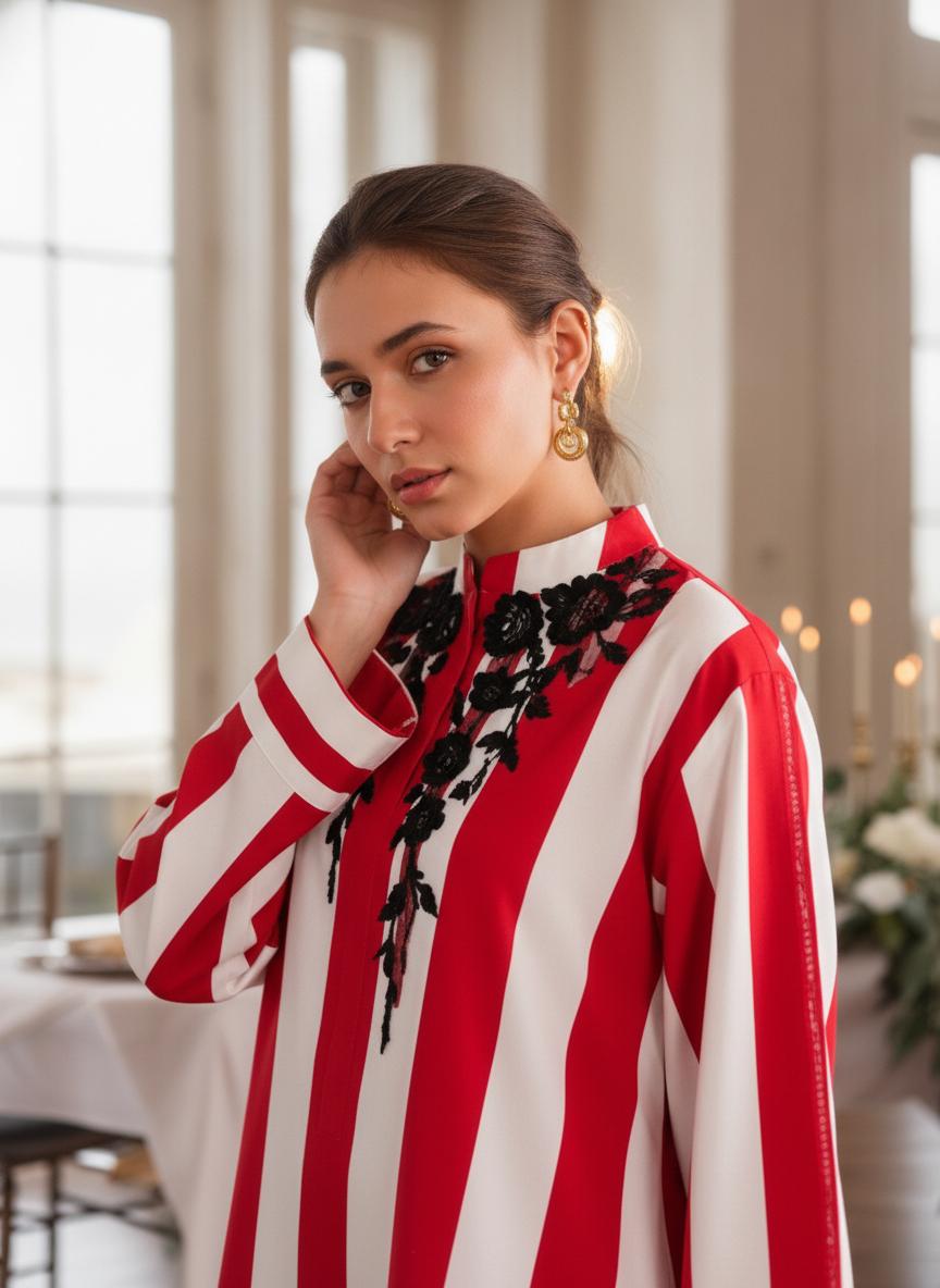 Red & White Striped Long Kurta