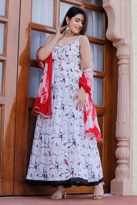 White Floral Printed Gown Set