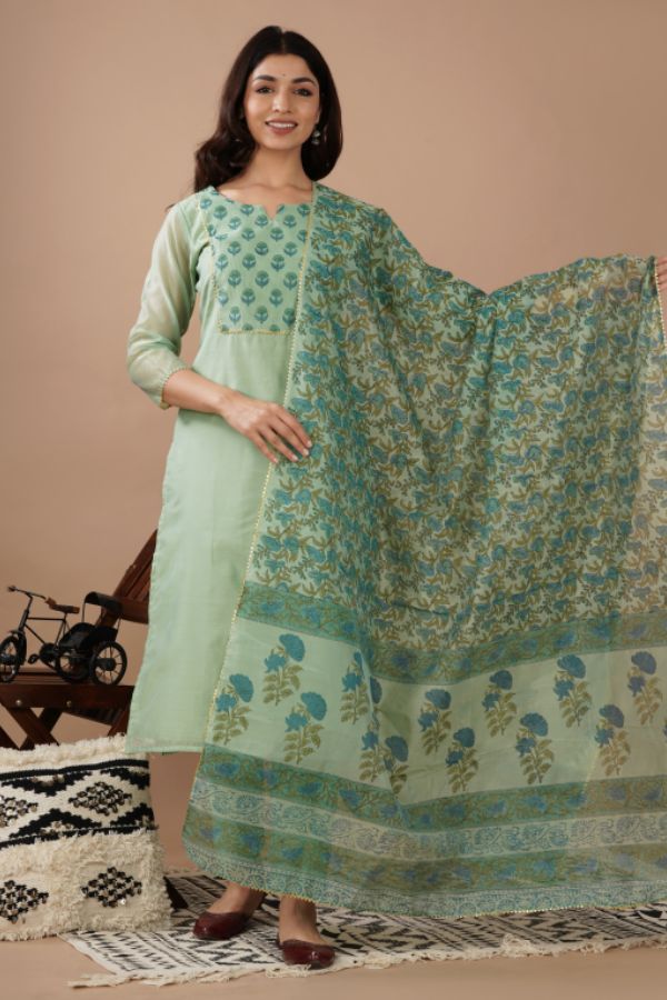 Chanderi Green Kurta Set