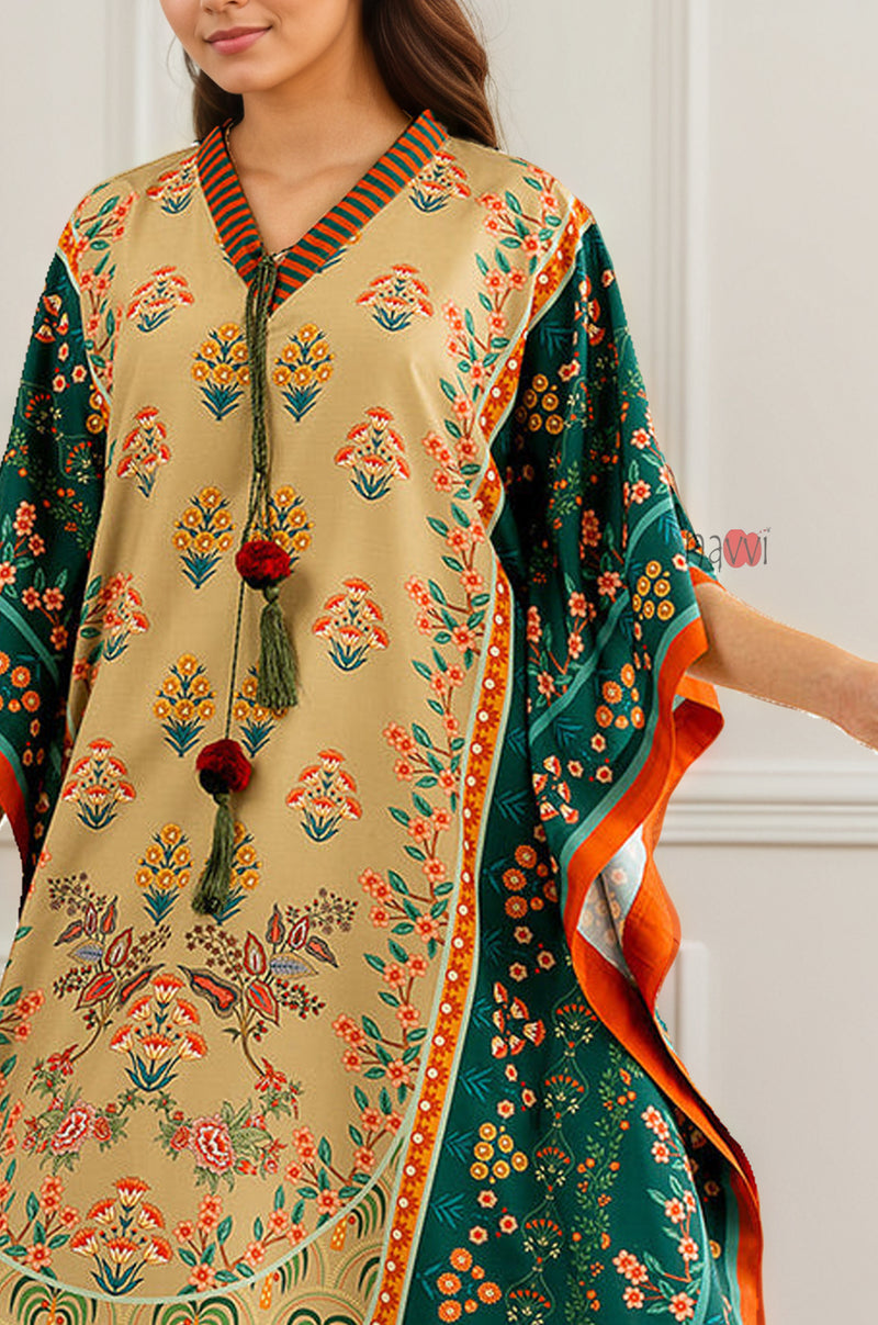 Emerald Beige Kaftan with Tassel