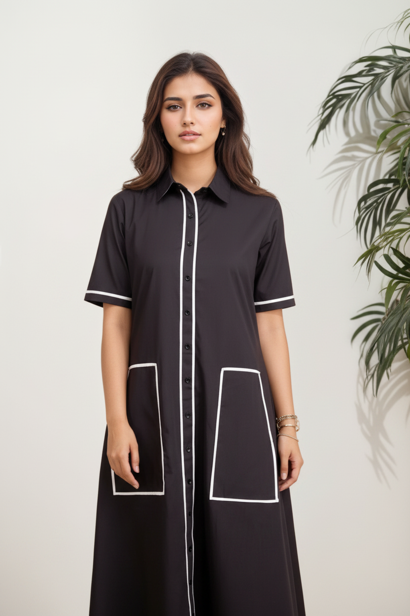 Contrast Piped Shirt Dress