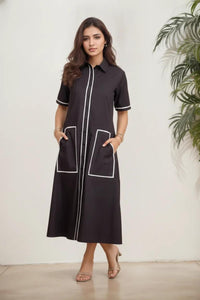 Contrast Piped Shirt Dress