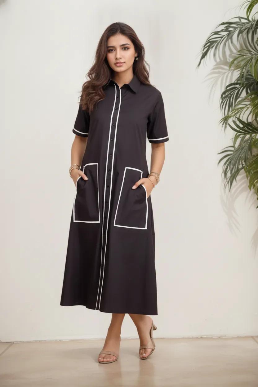 Contrast Piped Shirt Dress