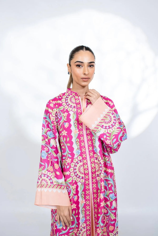 V Neck Pink Floral Printed Kaftan Dress