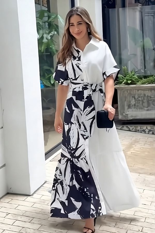 Black & White Rayon Long Dress