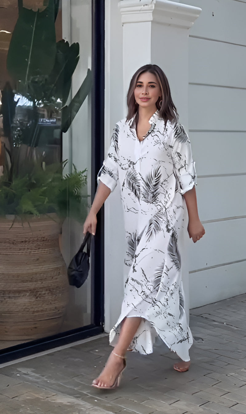 Leaf Printed Shirt Style Maxi Dress