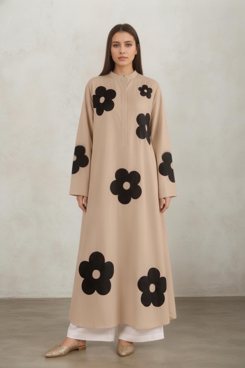 Beige Floral Printed Long Kurta