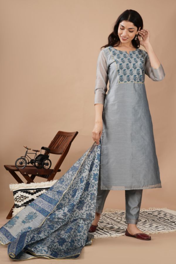 Grey Chanderi Kurta Set