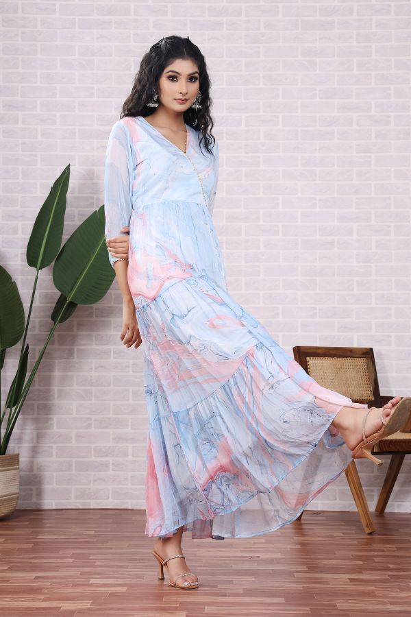 Sky & Pink Chiffon Marble Dye Dress